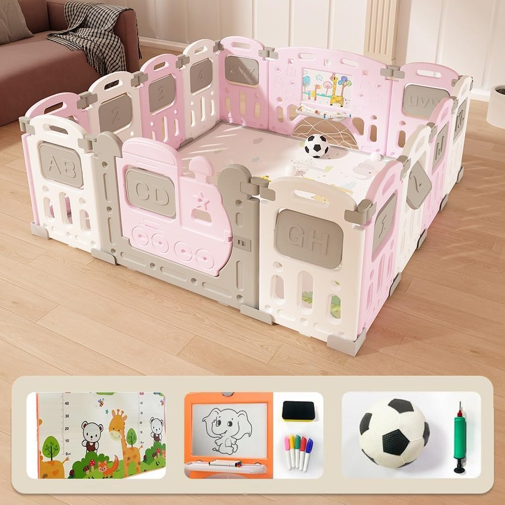 Dawnwake Assembly-Free 14 Panel Playard, Baby Playpen Fence with Crawling Mat and Football for Baby Upto 8 Years with Safety Locking Door & Drawing Board (150 x 150cm, Foldable) -Pink