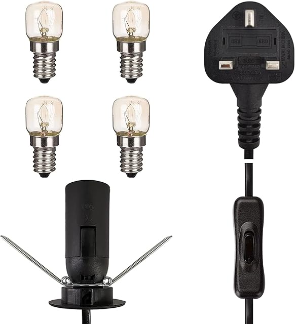 Salt Lamp Replacement Light Fitting with Button Switch +Safe Plug and 4 Salt lamp Bulbs (E14 Original Replacement),| Himalayan Salt lamp Cord