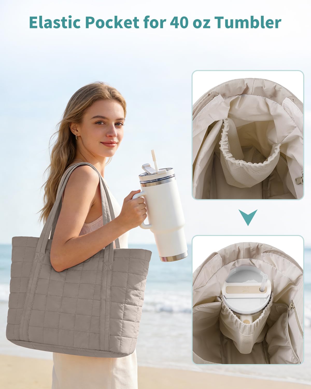 Narwey Tote Bags for Women, Puffer Quilted Work Tote Bag Women for Travel, Gym, Beach with Cup Holder & Laptop Compartment — view 5