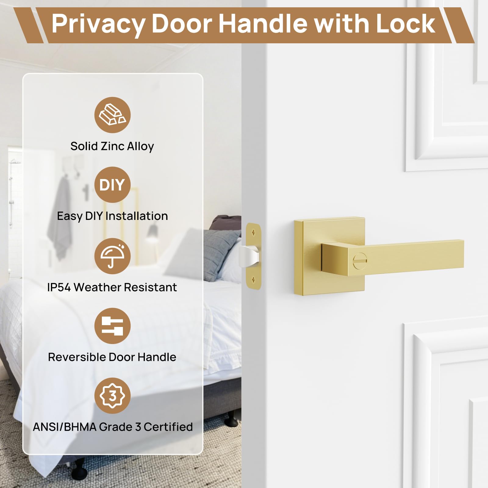 Gold Door Knobs - Keyless Privacy Handles -2
