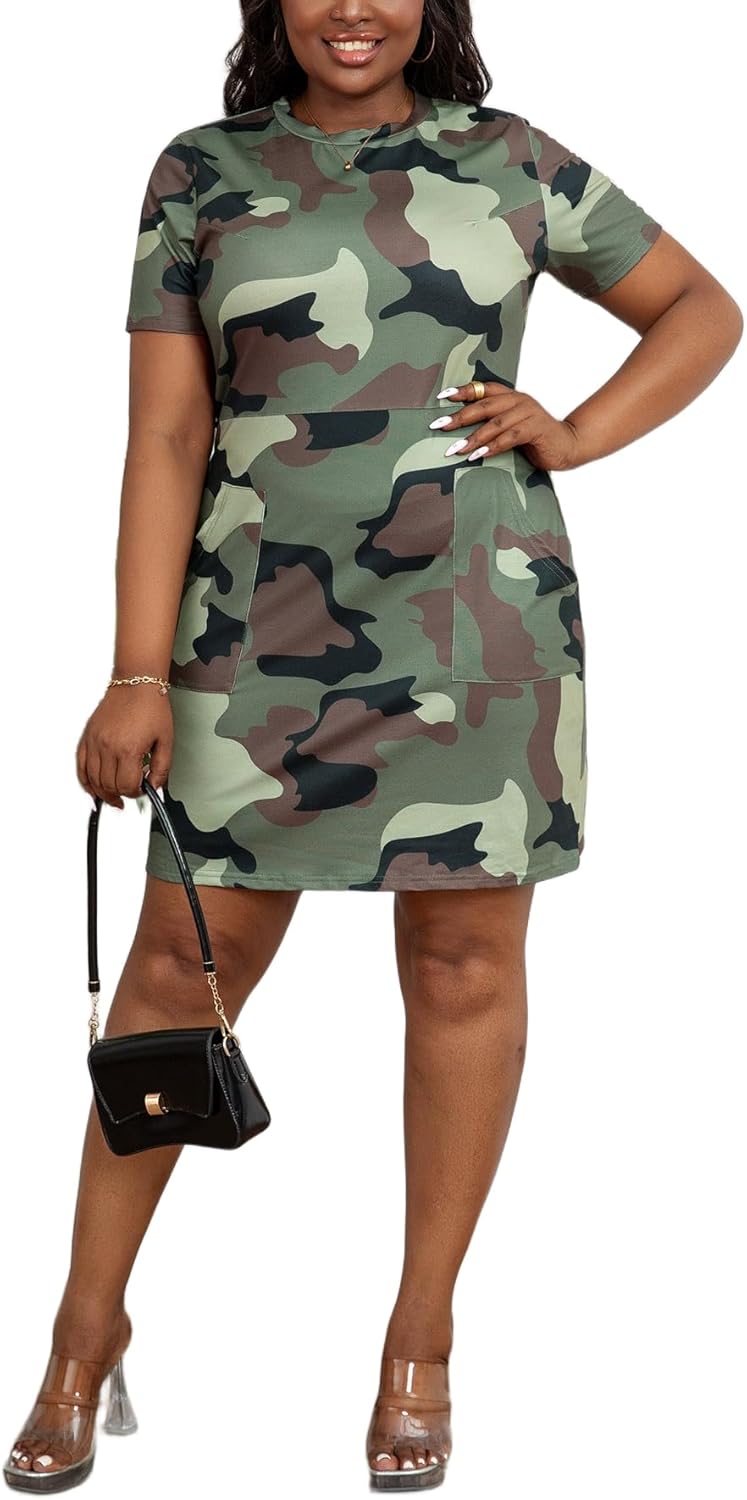 Camouflage T Shirt Dress for Women Short Sleeve Camo Mini Dresses with Pockets Casual Outfits