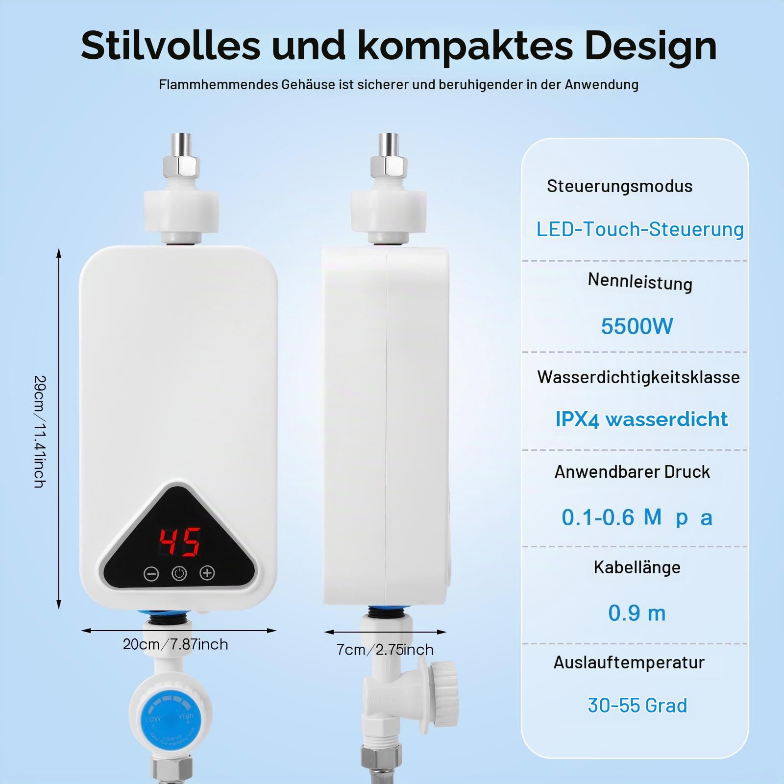 Elektronischer Durchlauferhitzer, 220 V 5500 W Mini Durchlauferhitzer, 30–55 °C, einstellbare Temperatur, Elektrische Warmwasserbereiter Tankloser mit LED-Anzeige für Küche, Badezimmer (RYK-009)