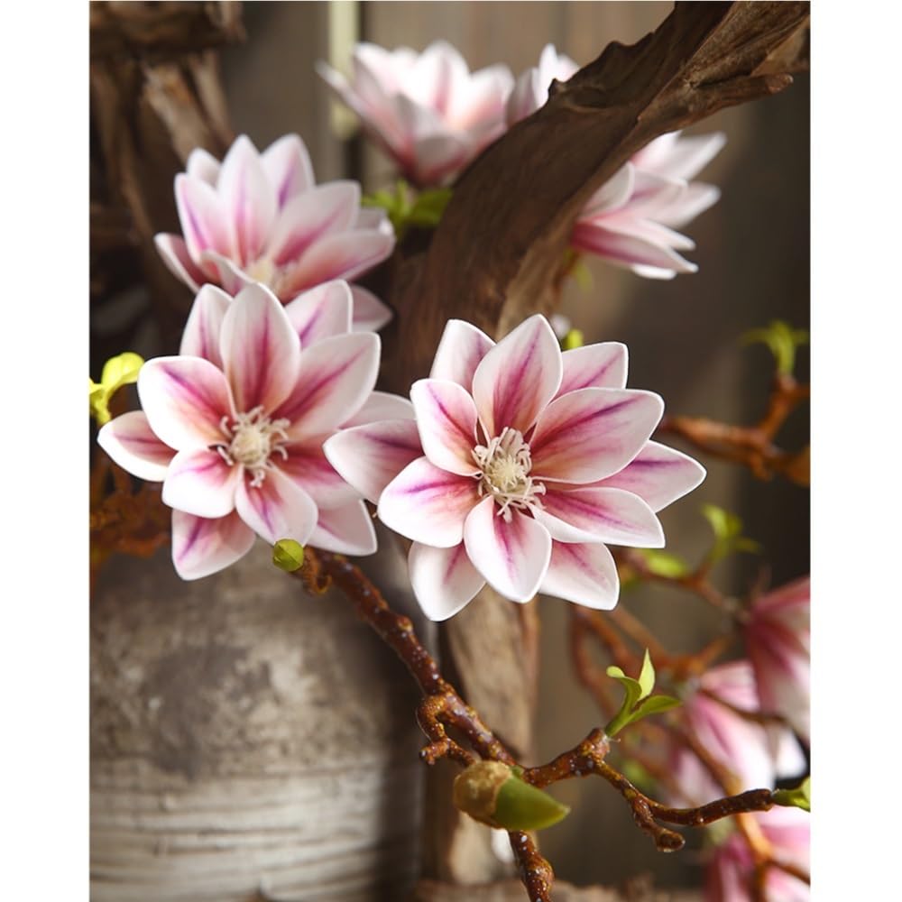 3 Stück künstliche Magnolienzweige mit echter Haptik, 3 Köpfe for Hochzeit, Tafelaufsätze, Zuhause, Blumendeko(Rose)