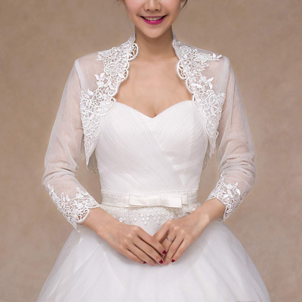Chal de Boda, Chaqueta de Boda de Manga 3/4 para Mujer Capa con Adornos de Encaje Floral Abrigo encogiéndose de Hombros Cárdigan Bolero