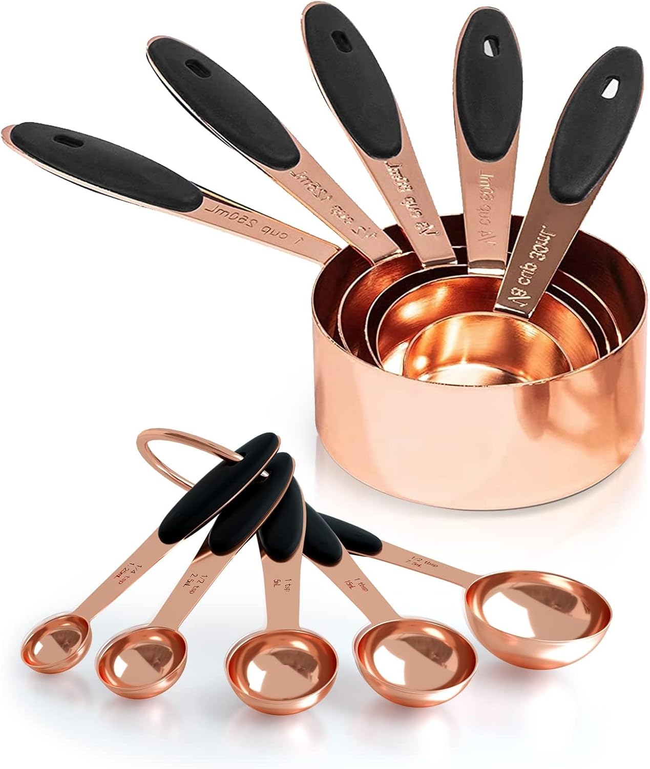 Joyhill Copper Measuring Cups and Spoons Set of 10 Piece, Stainless Steel Nesting Measuring Cup Set with Soft Touch Silicone Handles for Dry and Liquid Ingredients - Thumbnail 2