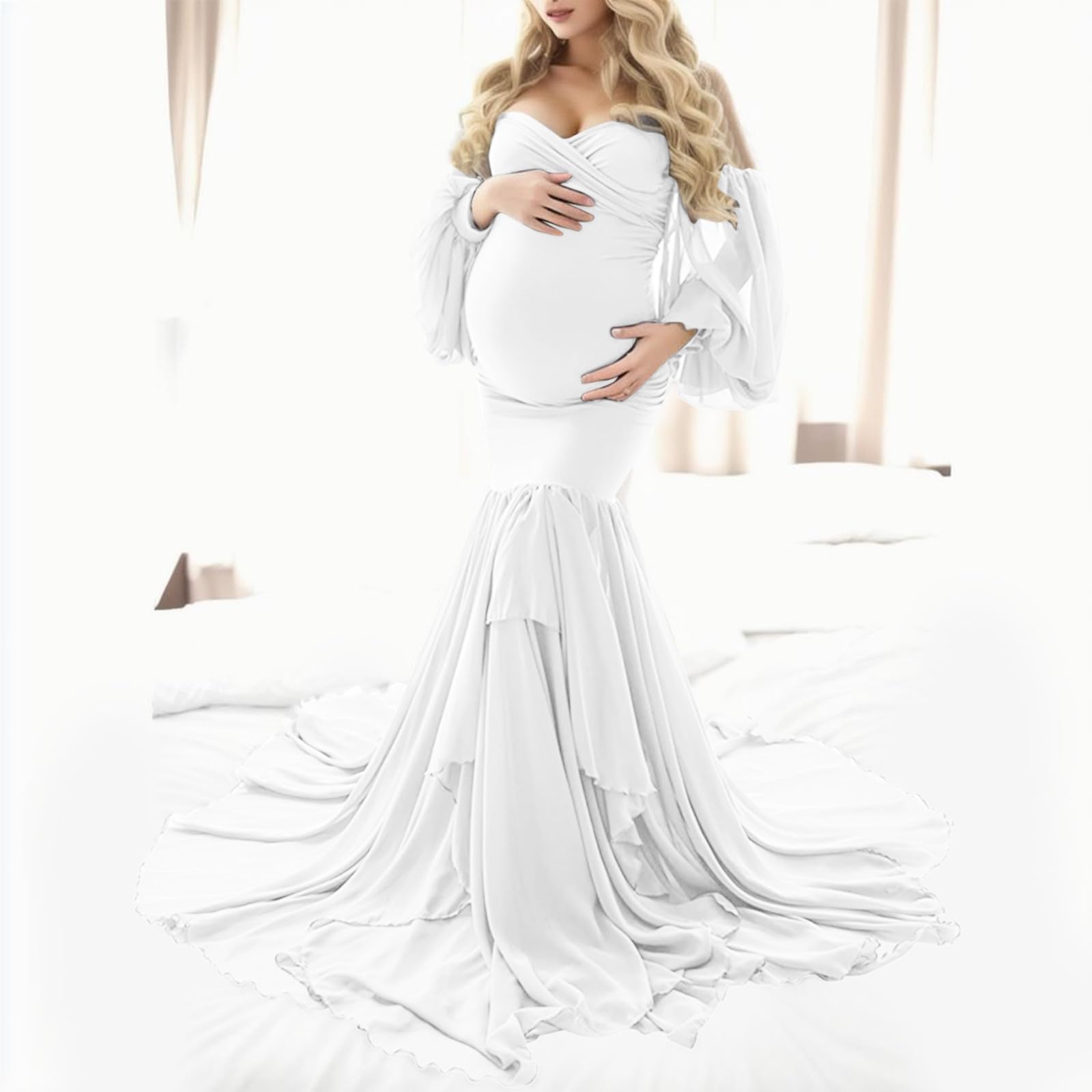 Generico Vestiti Premaman Battesimo Estivi per La Fotografia Abito Elegante Attillato Plissettato Vestito di maternità Gravidanza Allattamento con Design in Pizzo Senza Maniche e Tasca F