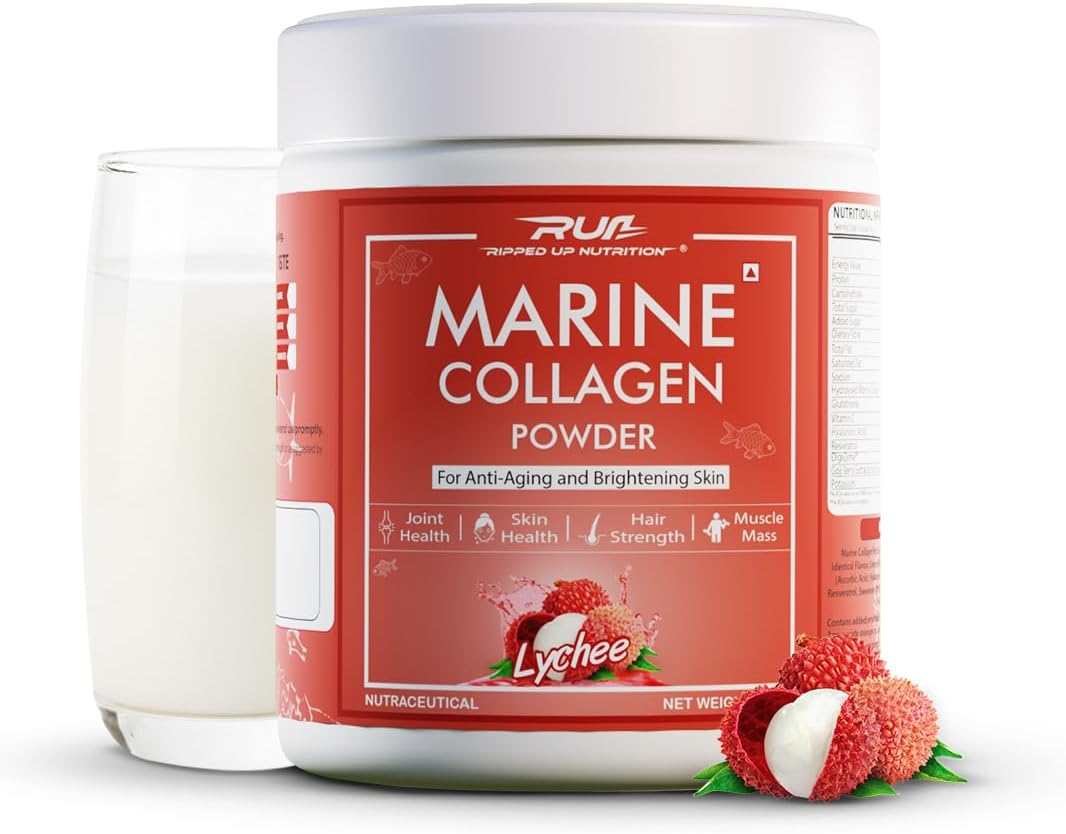 Ripped Up Nutrition Marine Collagen - 200g, | 8.9g Pure Collagen, 200mg Glutathione, 50mg Goji Berry | Clinically Proven Formula | Skin Glow, Anti-Aging, Hydration, Hair & Nail Health | No Fishy Smell (200Gm, Lychee)