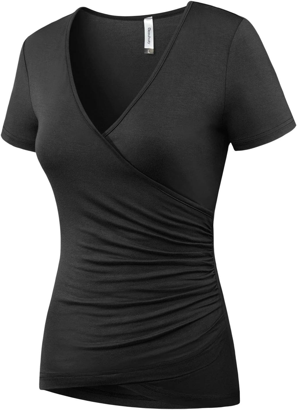 Beauhuty Women's Top Deep V Neck Slim Fitted T-Shirt Front Wrap Ruched Short Sleeve Tee - Image 2