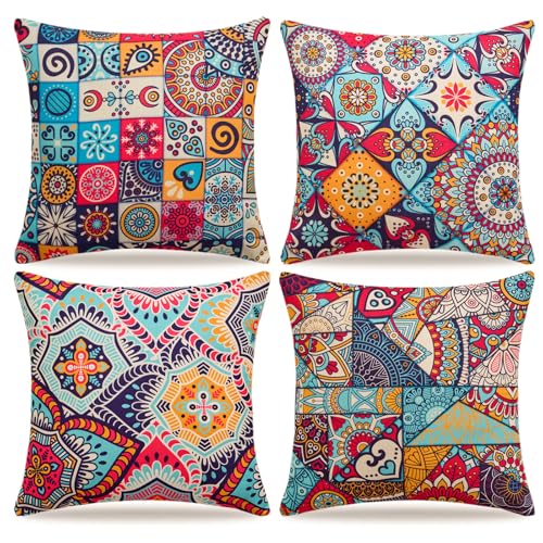 Image of Cushion Covers 50x50cm Linen Boho Mandala Flowers Pillowcase Geometric Pattern Square Decorative Outdoor Throw Pillow Covers for Sofa Summer Home Decor