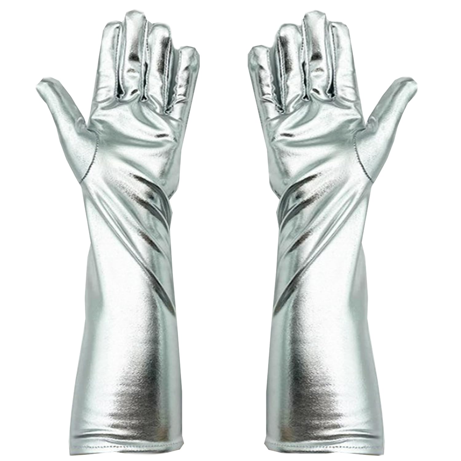 Bohue Lange Silberne Handschuhe Lackleder Erwachsene Damen 1920 Stil Ellenbogen Handschuhe Mode Zubehör für Halloween Geburtstag Hochzeit Party, 
