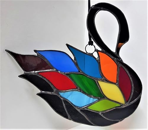 Black Swan Stained Glass Suncatcher Rainbow Bird Window Hanging or Wall Decor, Sun Catcher Unique Boho Handmade Wildlife Home Decor, Decorative