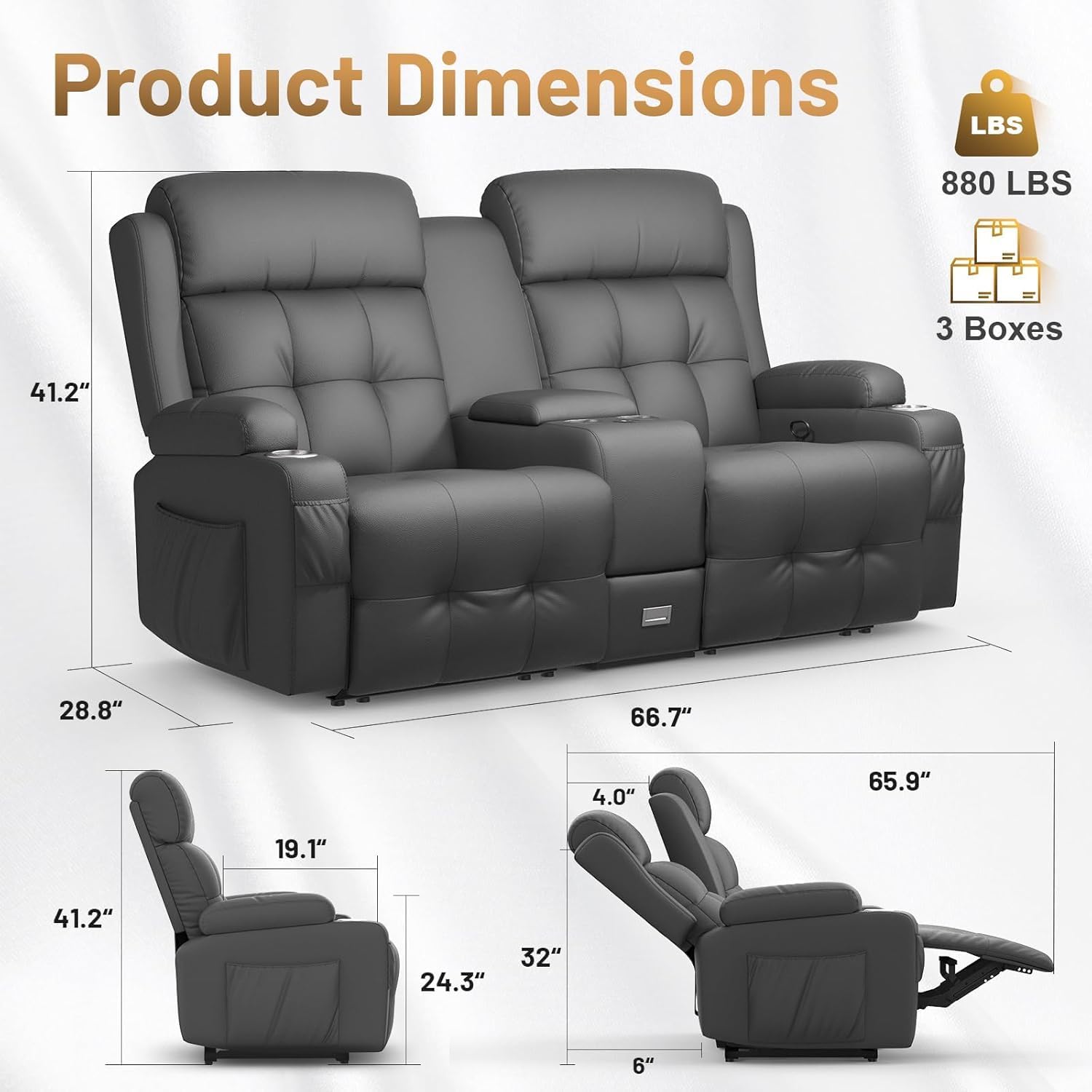 Console for Recliner Sofa with Flip-top Locker, Extra Cupholders & USB/Type C Charging Port, Dark Gray