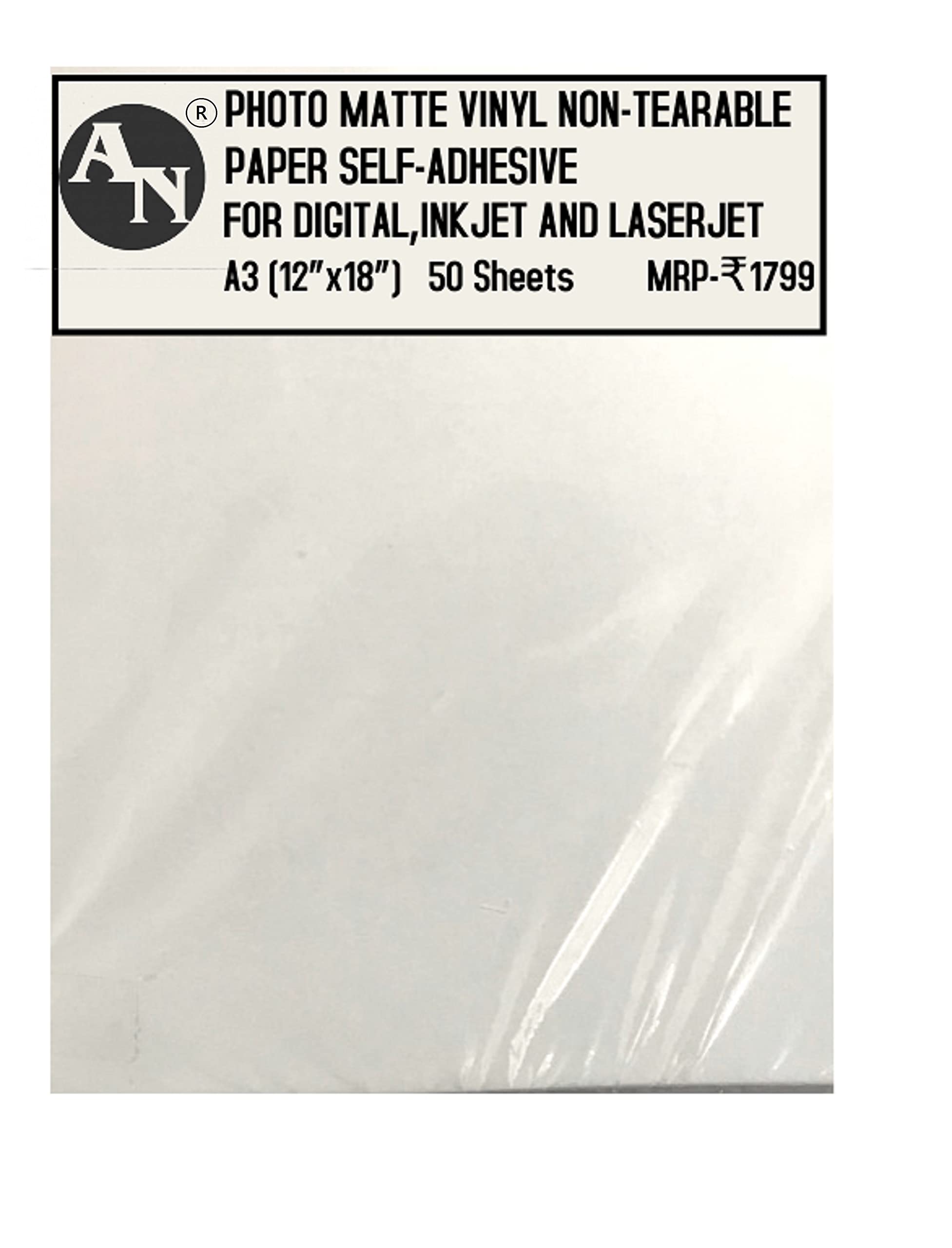 AN Photo Matte Vinyl Non-Tearable Paper Self-adhesive for inkjet, Digital and laser jet printers 50 sheets (A3 12X18)