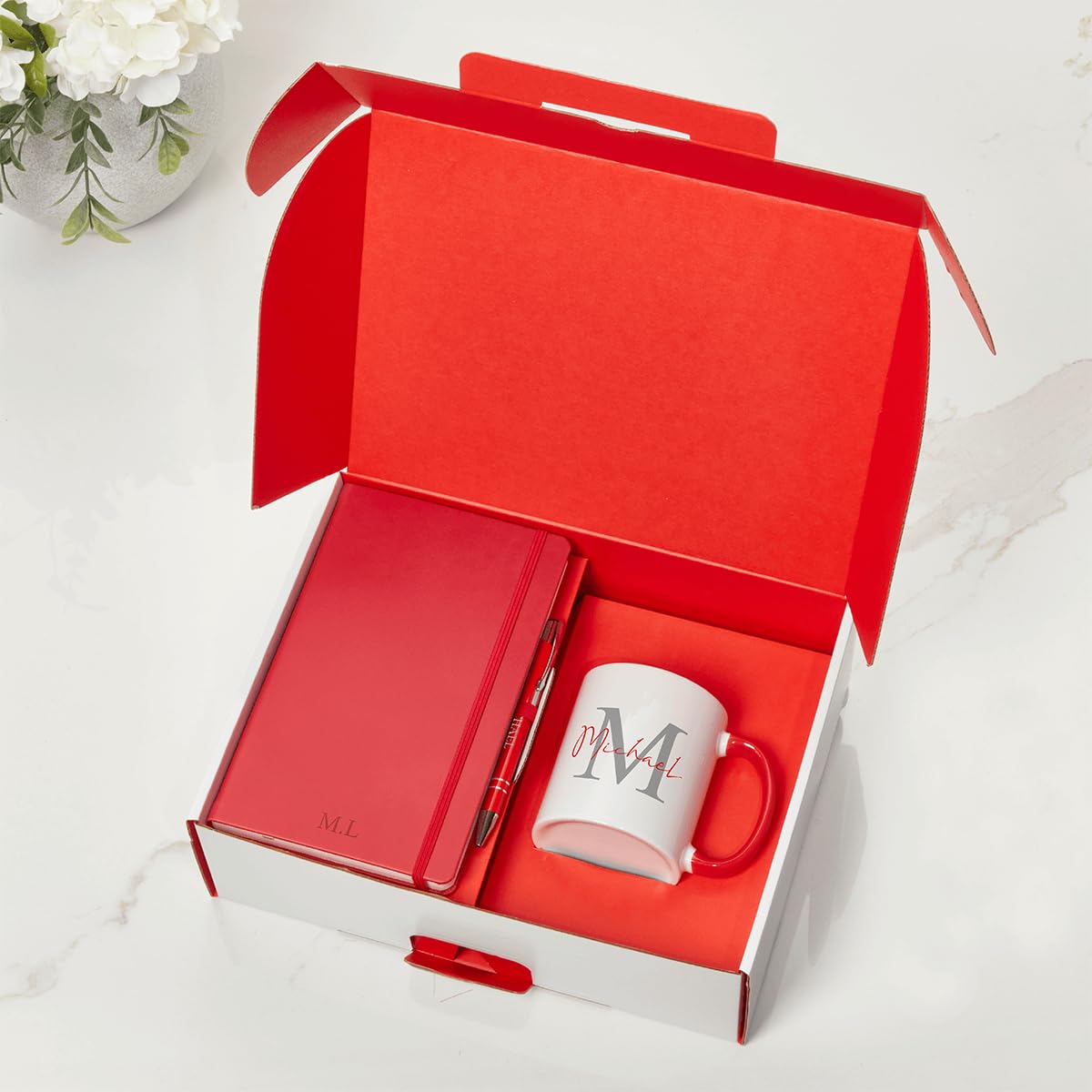 3P DIRECT Personalised Corporate Gift Set Box - Custom Notebook, Pen & Initial Mug Gift Set Graduate Gifts Gifting for Employees Business - Corporate Christmas Xmas Presents for Staff (Red)