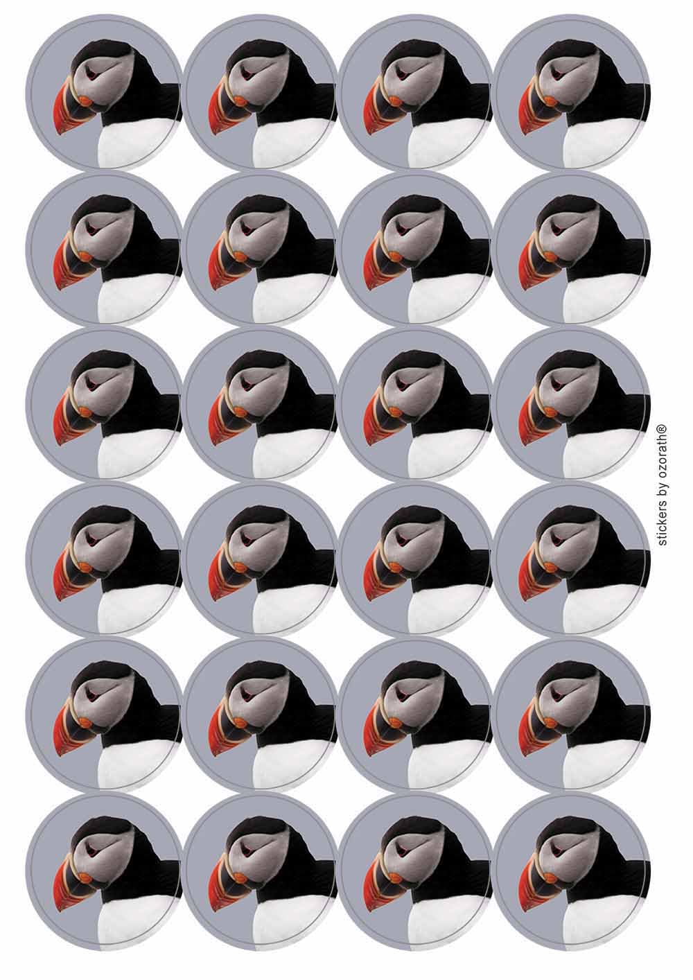 Puffin Circular Matt Paper Stickers A4 Sheet of 24 (Each Sticker is 45mm Diameter)