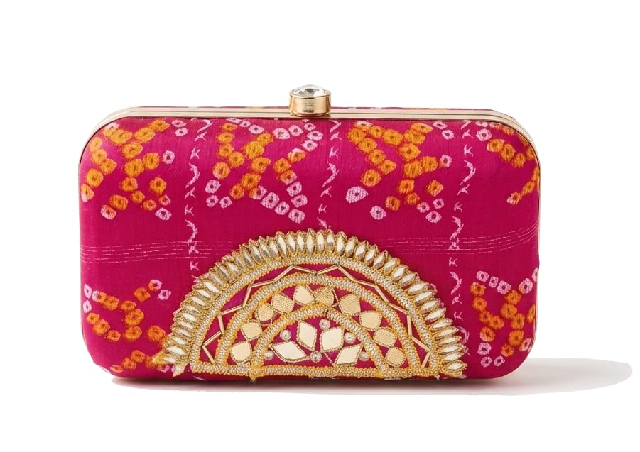 byra Women Ghatchola with Gotta Flower Designer Women Clasp Clutch with Detachable Chain 8 * 5 Inches (Pink)-picture-11