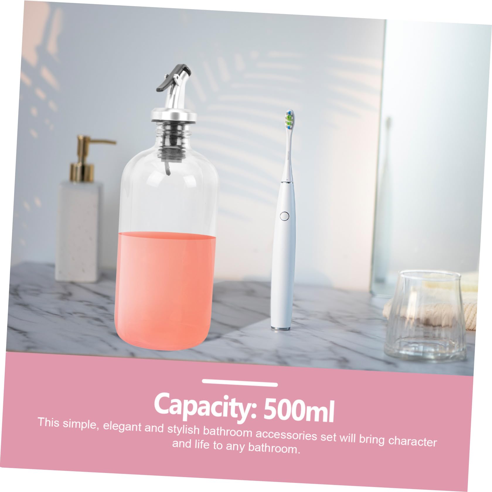 Mundwasserspender aus Glas und Edelstahl 500ml, 2 Stück | Trichter Plus Mundbecher im Lieferumfang, Geeignet für Zuhause, Hotel, Glatt Poliert, Klassisch Elegant