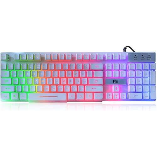 Rii RK100+ White Gaming Keyboard,USB Wired Multiple Colors Rainbow LED Backlit Large Size Mechanical Feeling Ultra-Slim Multimedia Office Keyboard Non-Slip for Primer Gaming and Working,Office Device