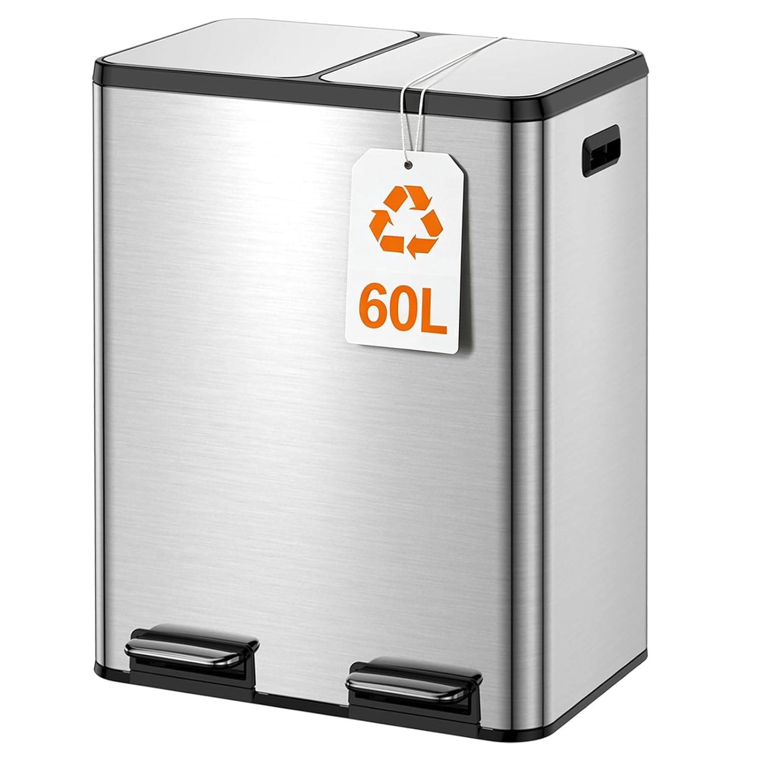 Kitchen Bin,60L Dual Rubbish Bin,2 x 30L Stainless Steel Pedal Bin,Double Bin Recycling with Soft-Close Lids and Plastic Inner Buckets,Fingerprint Proof,Odour Seal,Large Capacity, Matte Silver — image 1
