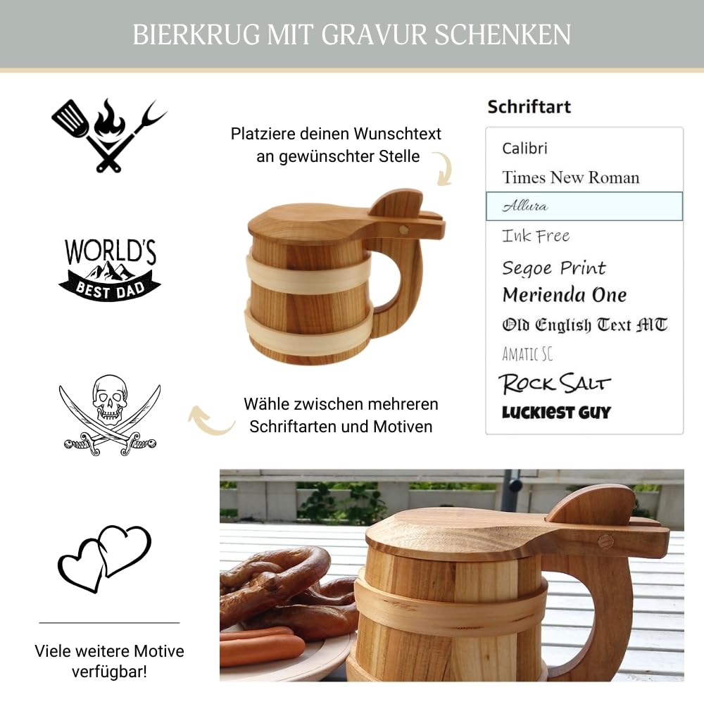 HOFMEISTER® Bierkrug Holz mit Gravur – Eiche und Kirschholz mit Deckel, personalisiert mit Name und Motiv, Handarbeit, Geschenk für Männer (1 Stück)