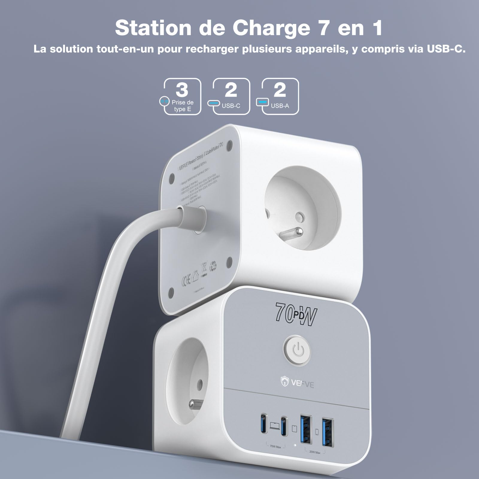 VEFVE Multiprise Cube 70W USB C GaN Blanc avec Rallonge 3m et Interrupteur