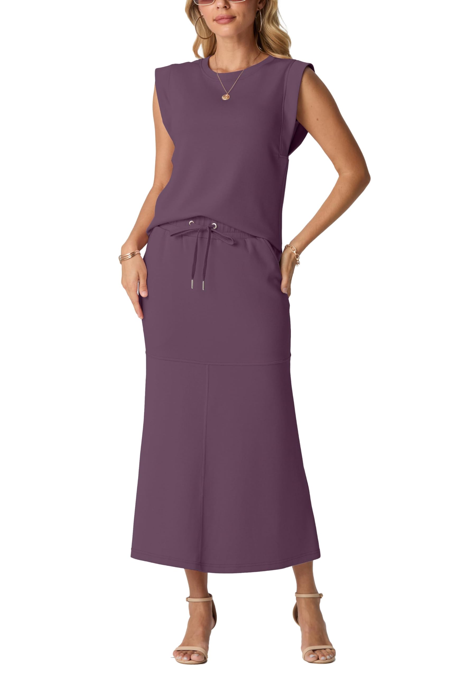 GRECERELLE Women Summer 2 Piece Sets Round Neck Wrinkle-Free Top & Elastic Waist Midi Fishtail Skirt with Pockets(XS-3XL)