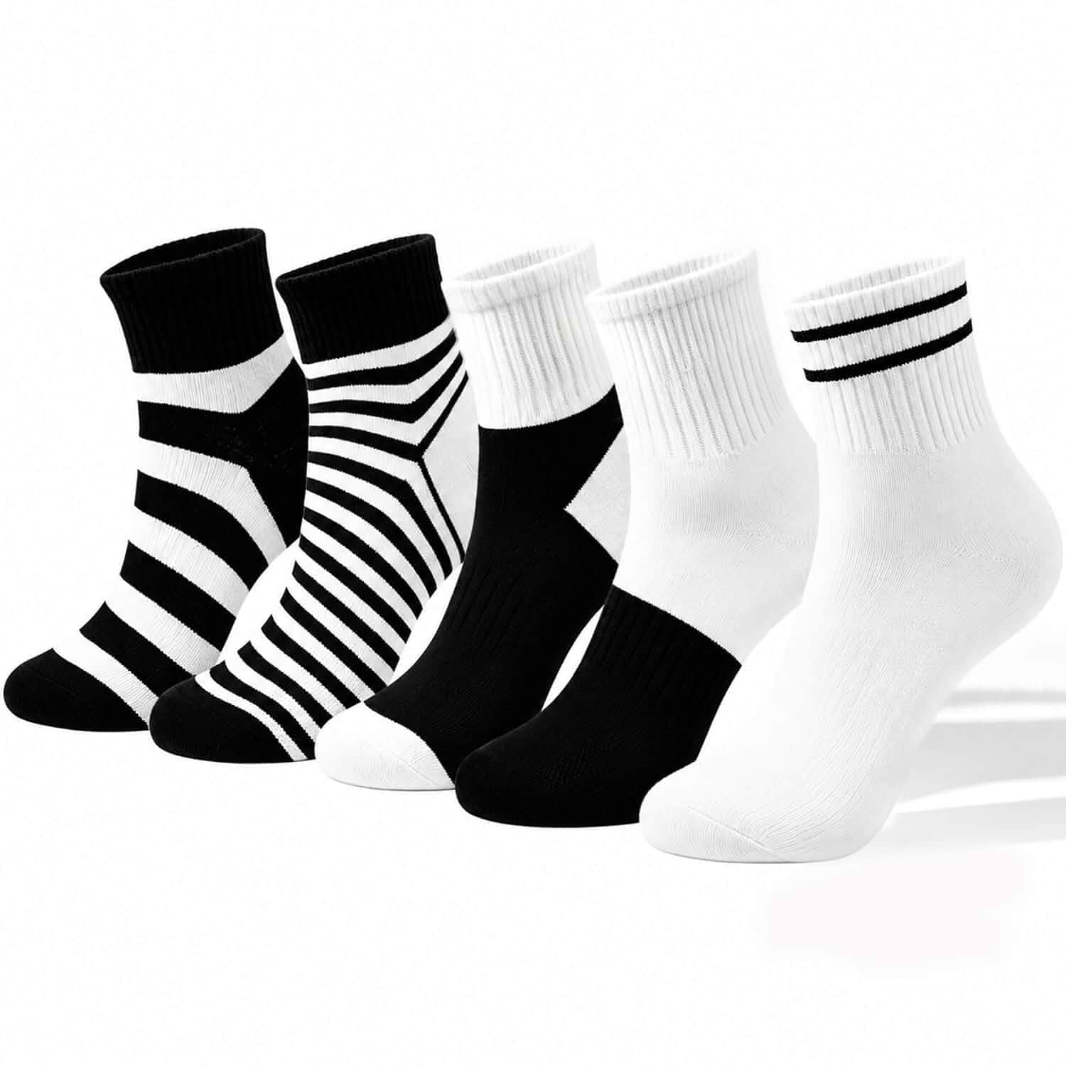 5 Pack Women's Cotton Black White Striped Crew Socks Size, 5-10 Soft Breathable Crew Socks, Moisture Wicking, Preppy Style for Daily School Street Casual Wear