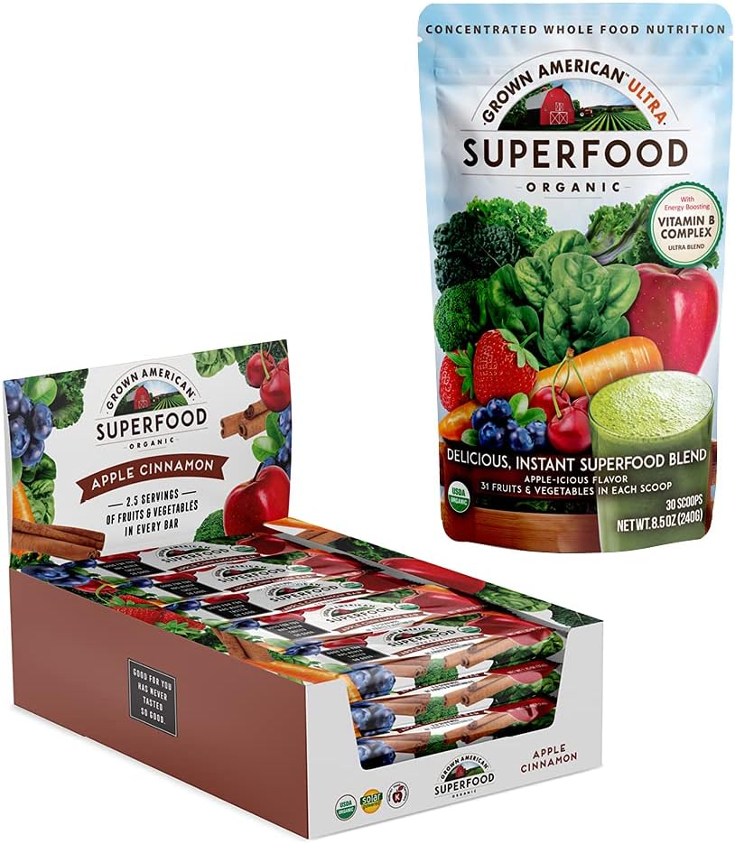 Grown American Superfood Concentrated Green Powder & Superfood Bars Bundle (Apple Cinnamon, Pack of 10) Made in USA - Packed with Antioxidants & 100% Certified Organic