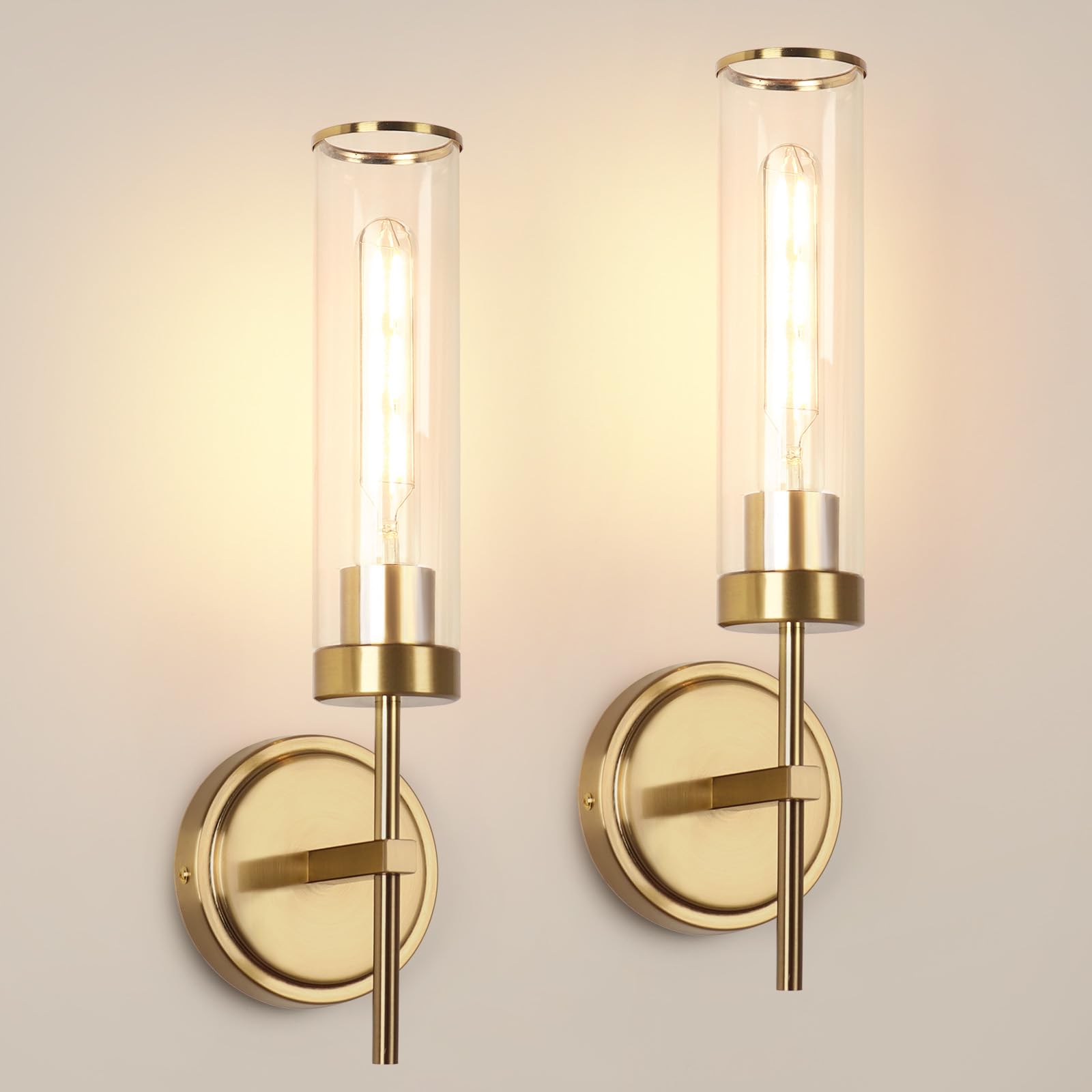 Juego de dos apliques de pared, modernos apliques de baño, iluminación de pared de 16 pulgadas, 60 W, apliques de pared dorados cepillados con pantalla de vidrio transparente para sala de 9