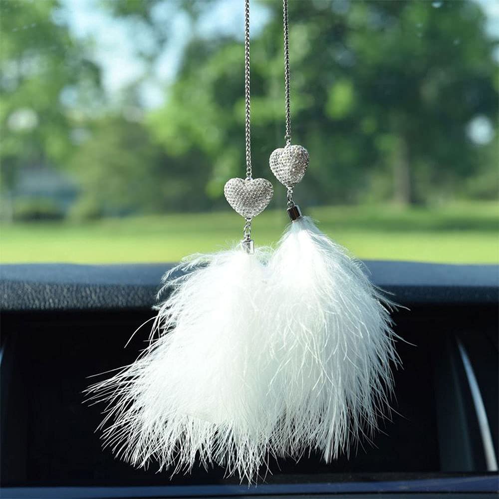 Crystal Car Love Heart Pendant with Shiny Silver Rhinestone Bling Car Rearview Mirror Accessories with Gift Box Feather Decor for Women