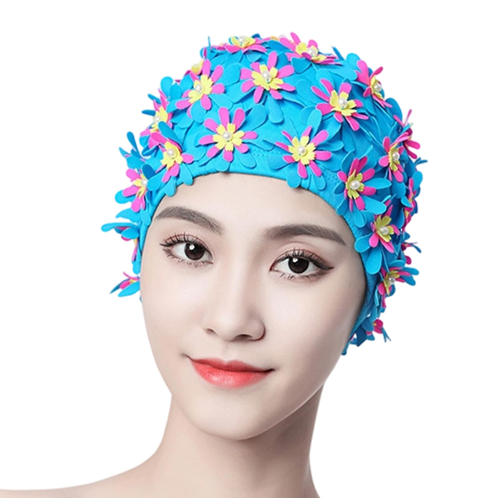 BWANGIAO Stylish Pearls Flower Embellished Cotton Swimming Cap With 3D Floral Accent For Comfortable Swim