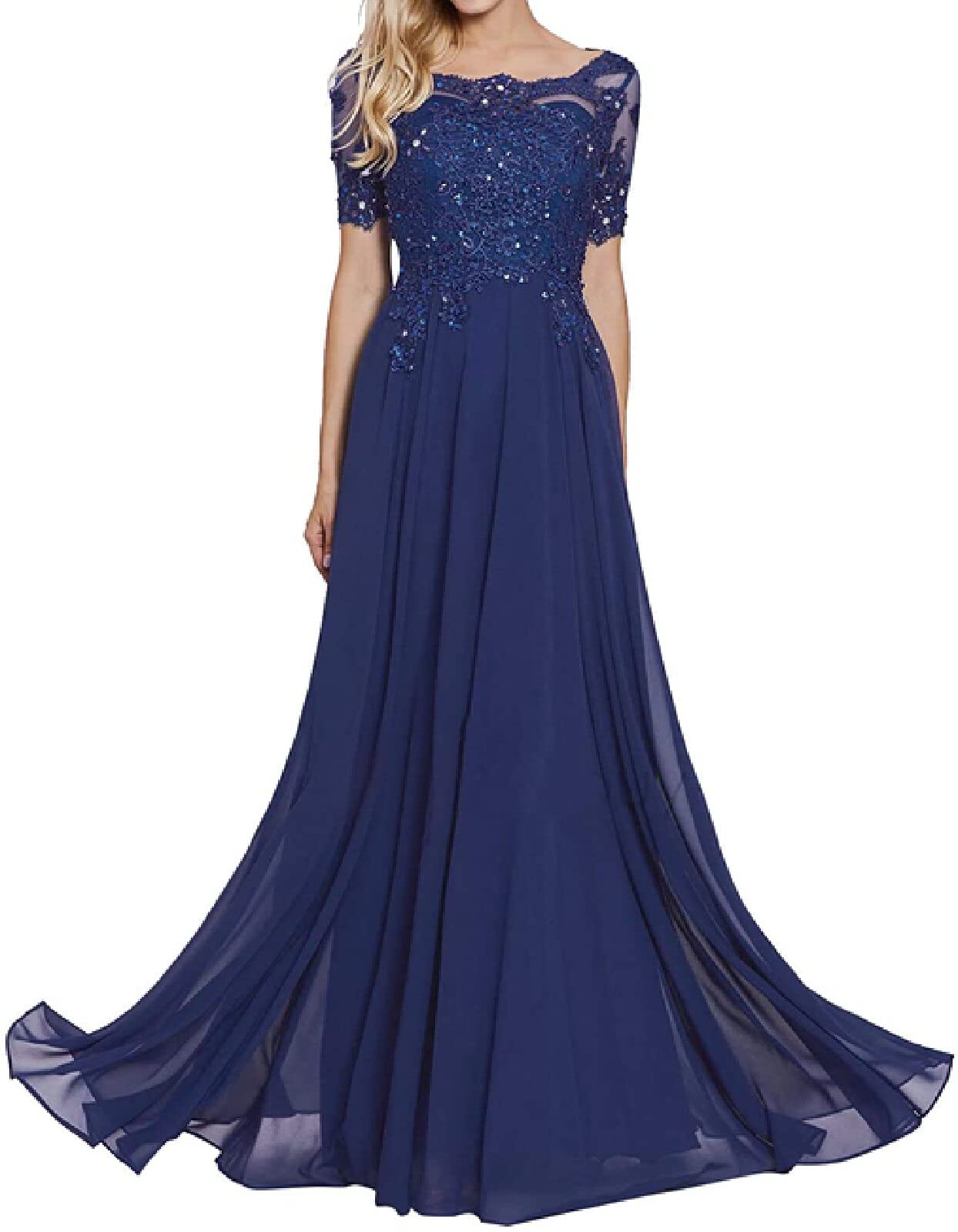 Vestito da Damigella Donna,Abito da Sera a Maniche Corte con Applicazioni in Pizzo-Dunkelblau_48,Vestiti da Damigella Lungo Elegante