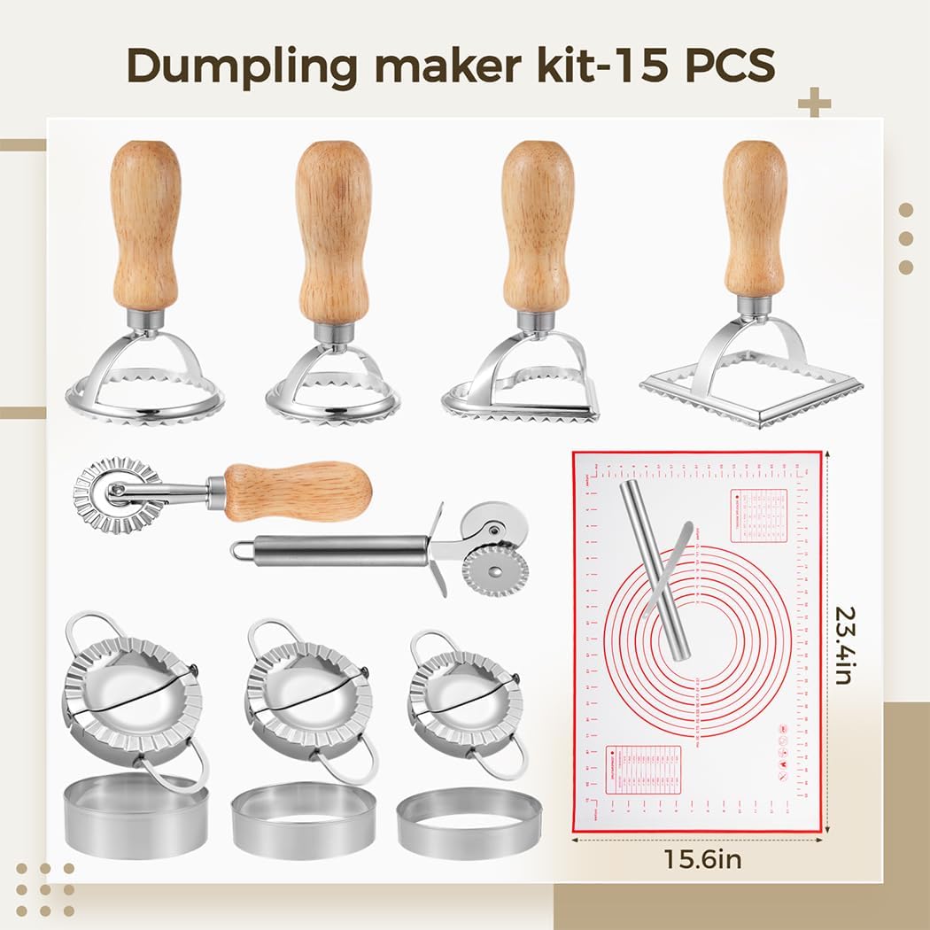 15 Pcs Dumpling Making Kit, Includes Empanada Presses, Ravioli Cutter, Pasta Wheel, and Baking Mat, Stainless Steel Tools
