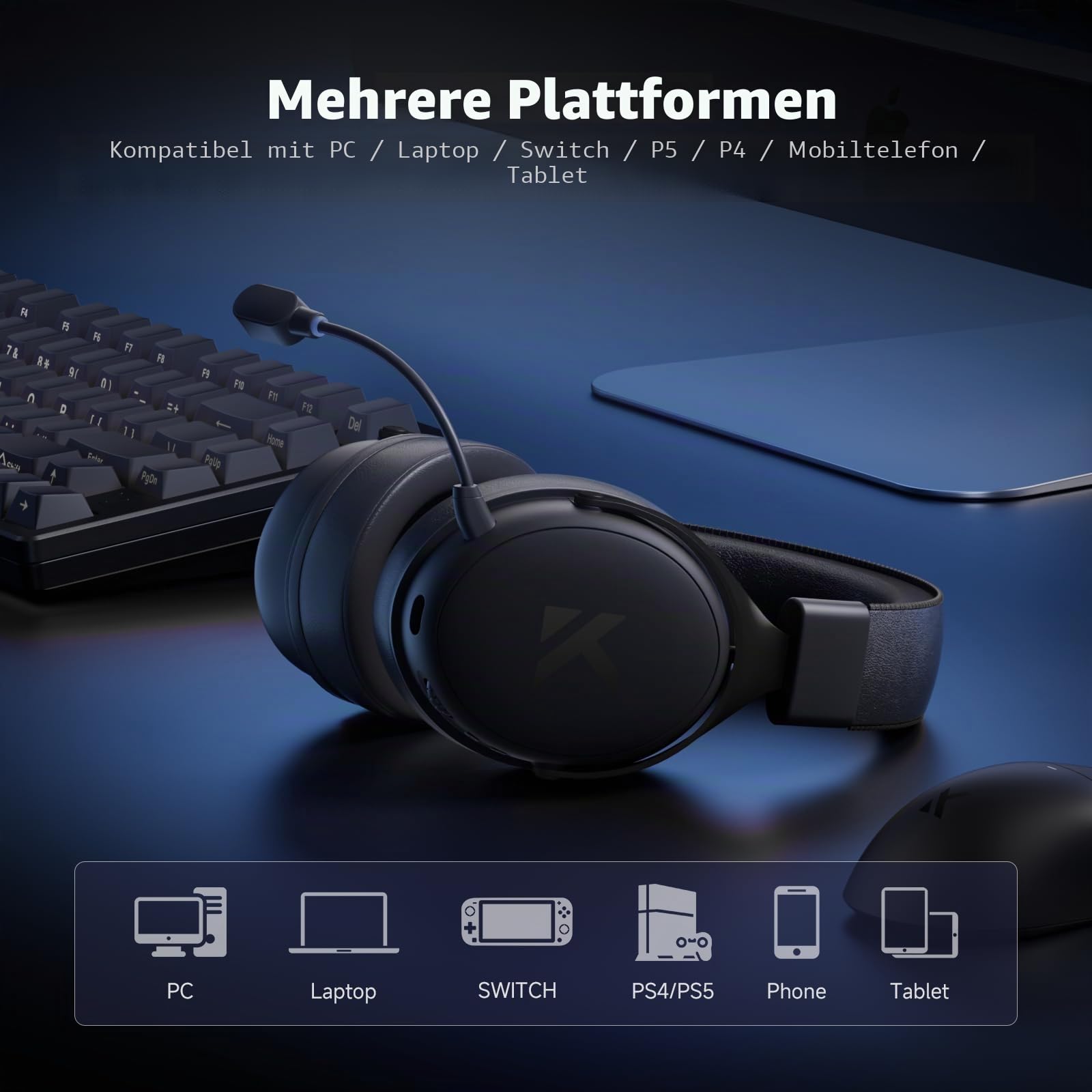 MCHOSE V9 Pro Kabelloses Gaming-Headset, 7.1 Surround-Sound | 53-mm-Neodym-Treiber, bis zu 40 m Reichweite, 15 ms niedrige Latenz, anpassbarer EQ, PC, PS5, Switch