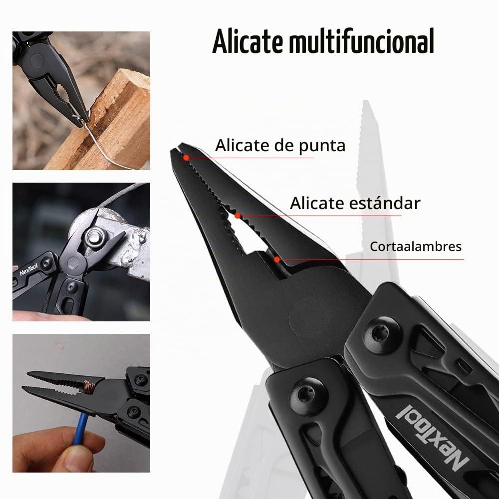 NexTool Black Knight Herramienta Multiusos, 11 IN 1 Multiherramienta, Acero Inoxidable Navajas Multiusos con Cuchillos Tijeras Sierras Abrebotellaspara Juego de puntas 9 IN 1y Bolsa de Nylon
