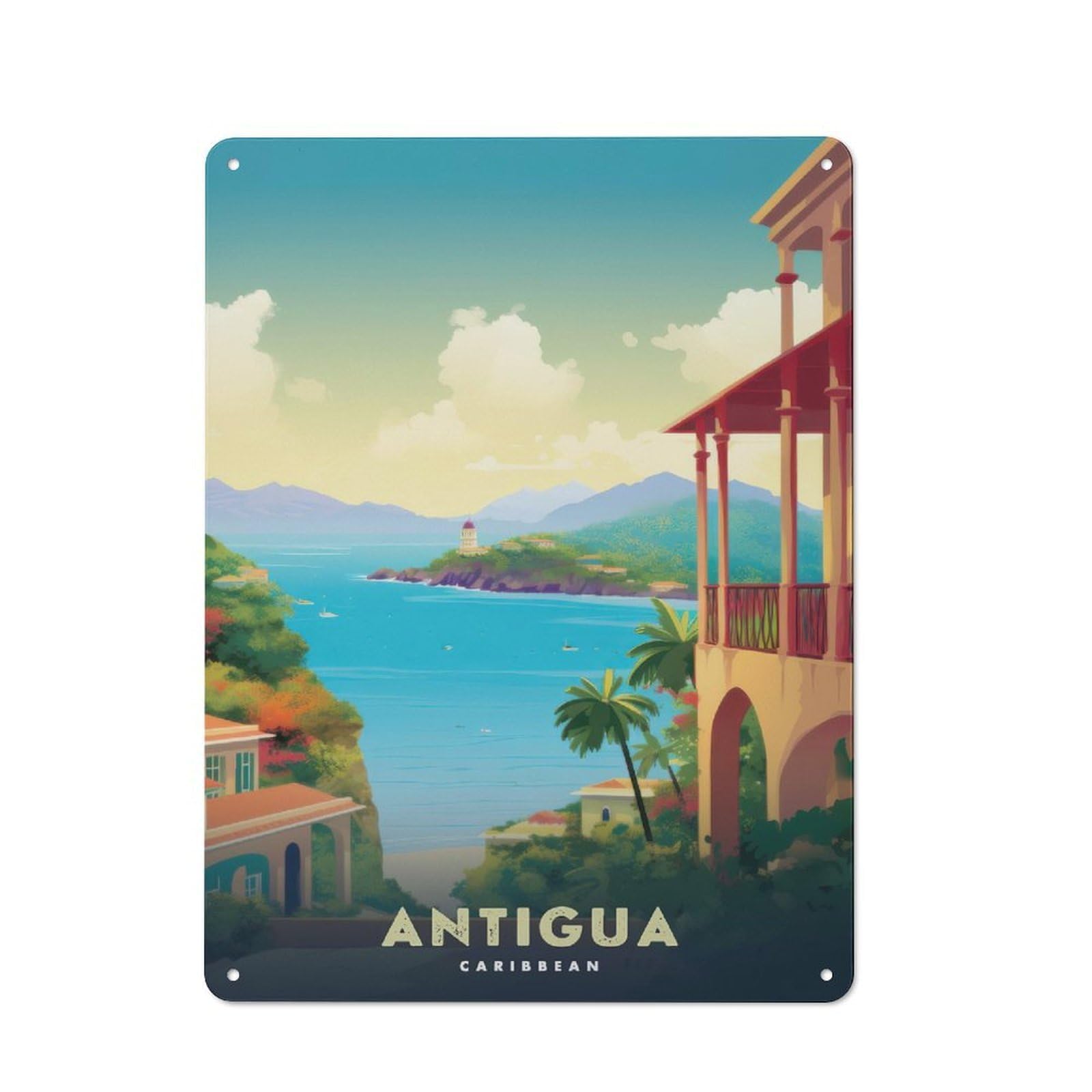 Cosy Antigua Caribbean Travel Metal Plaque 40x30cm, Kitchen Wall Decor for Kitchen, Cafe, Pantry Or Dining Room