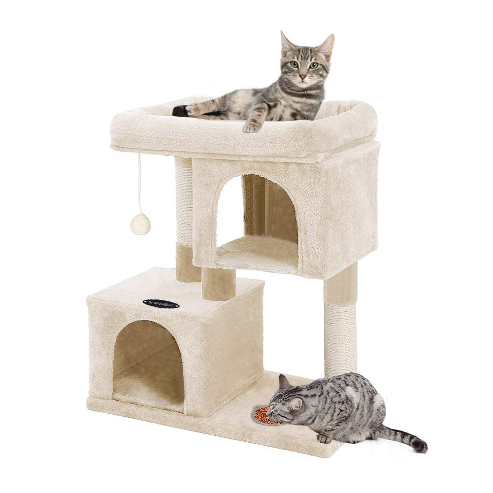 YOHOZ 33in Heavy Duty Luxury Cat Tree and Tower with Feeder Bowl, Spacious Perch, Sisal Wrapped Scratching Posts and Dual Condos Activity Centre Cat Activity Tree Furniture w/Sisal Ball | Fixing Strap