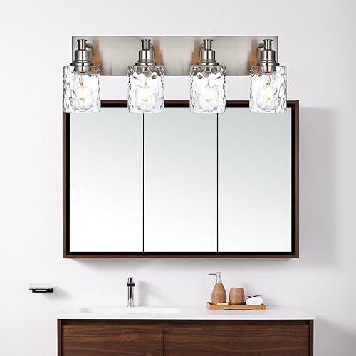 Miniatura 6 de BONLICHT Lámpara de tocador de baño de 4 luces de níquel cepillado industrial con pantalla de vidrio martillado para sala de estar, dormitorio,