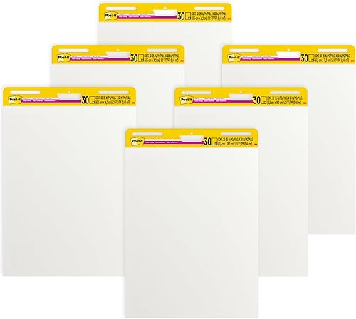 Post-it Rotafolios Superadhesivos para Caballete, 25 x 30 Pulgadas, 30 Hojas/Rotafolio, 6 Rotafolios, Papel Premium Blanco Autoadhesivo de Alta