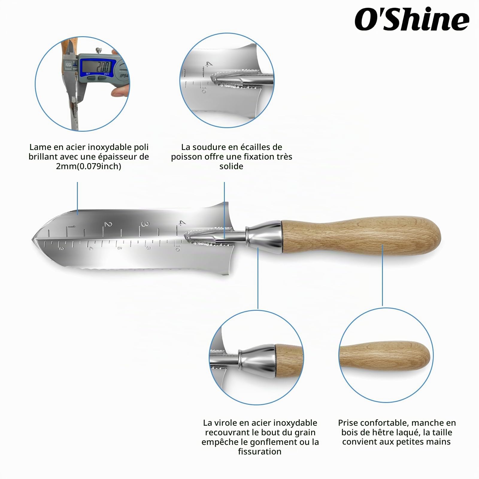 O'Shine Couteau de jardin japonais Hori Hori de 14 cm, petit couteau de sol en acier inoxydable pour planter et transplanter, outil de jardinage de qualité supérieure avec gaine, joli cadeau de jardin