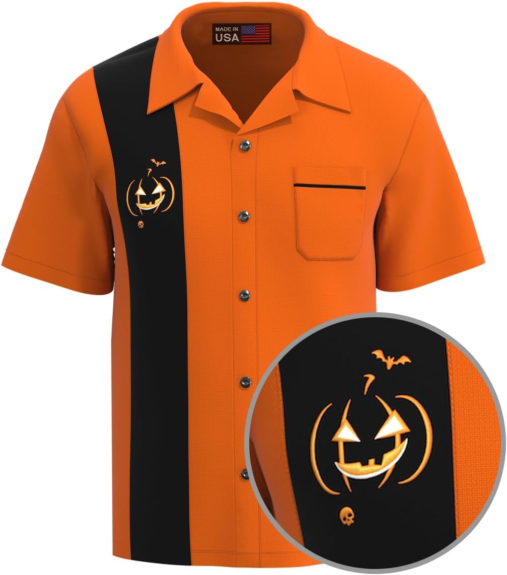 Premium Jack O' Lantern Pumpkin Halloween Shirts for Men - Fun Button Down Short-Sleeve - Made in USA - Tribal - Tattoo Shirt