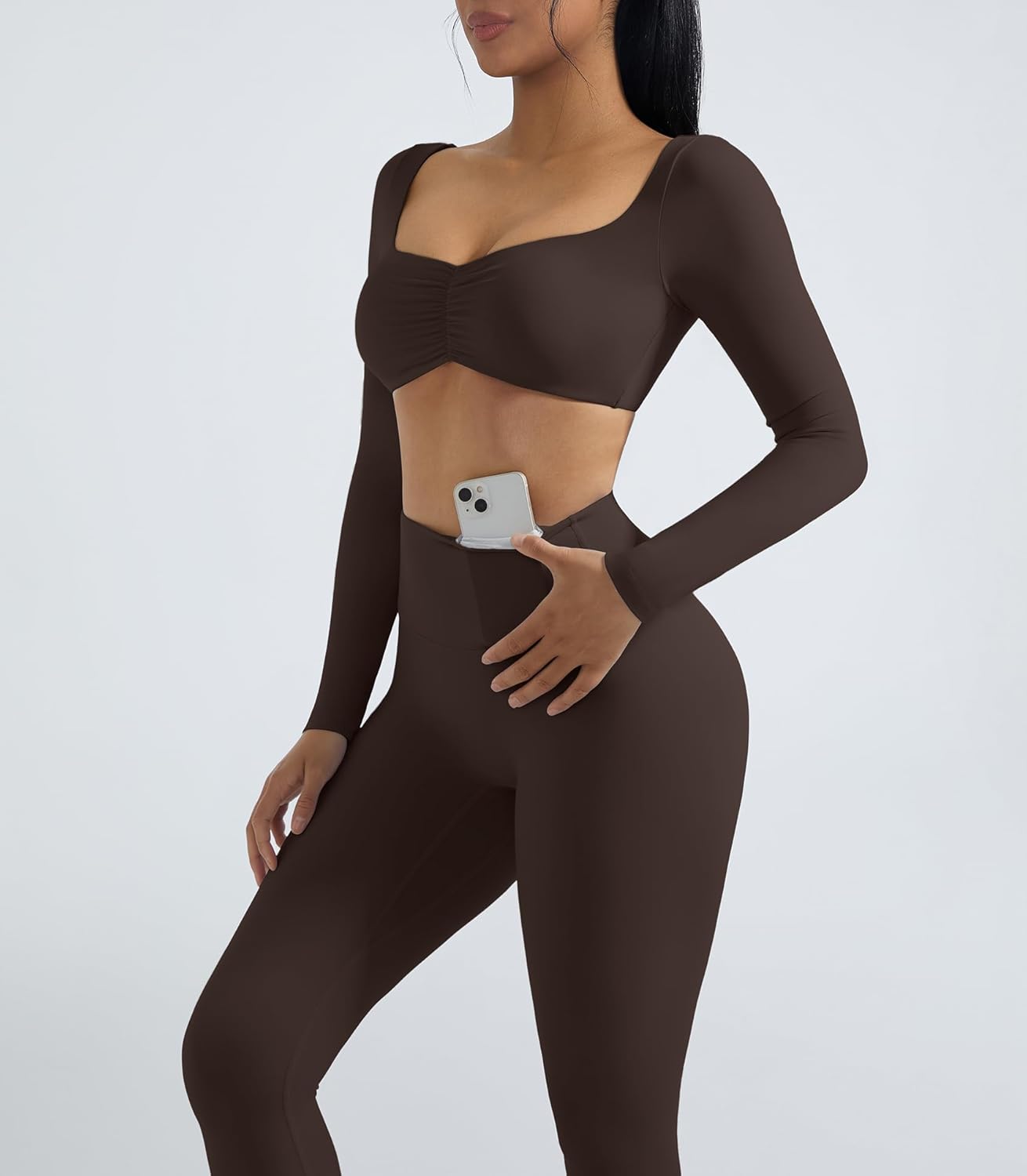 OMKAGI 2 Piece Workout Sets for Women Long Sleeve Padded Sports Bra High Waisted Gym Outfits with Pocket - Image 3