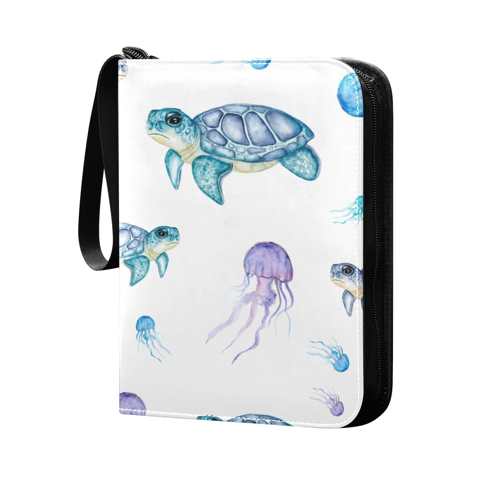 Oyihfvs Seamless Watercolor Hand drawn Sea Turtles Jelly Fishes on White PU Leather Card Storage Bag, With Zipper Waterproof 50 Pages 400 Slots Card Bag for Students Home School 15.74 x 9.64 inch