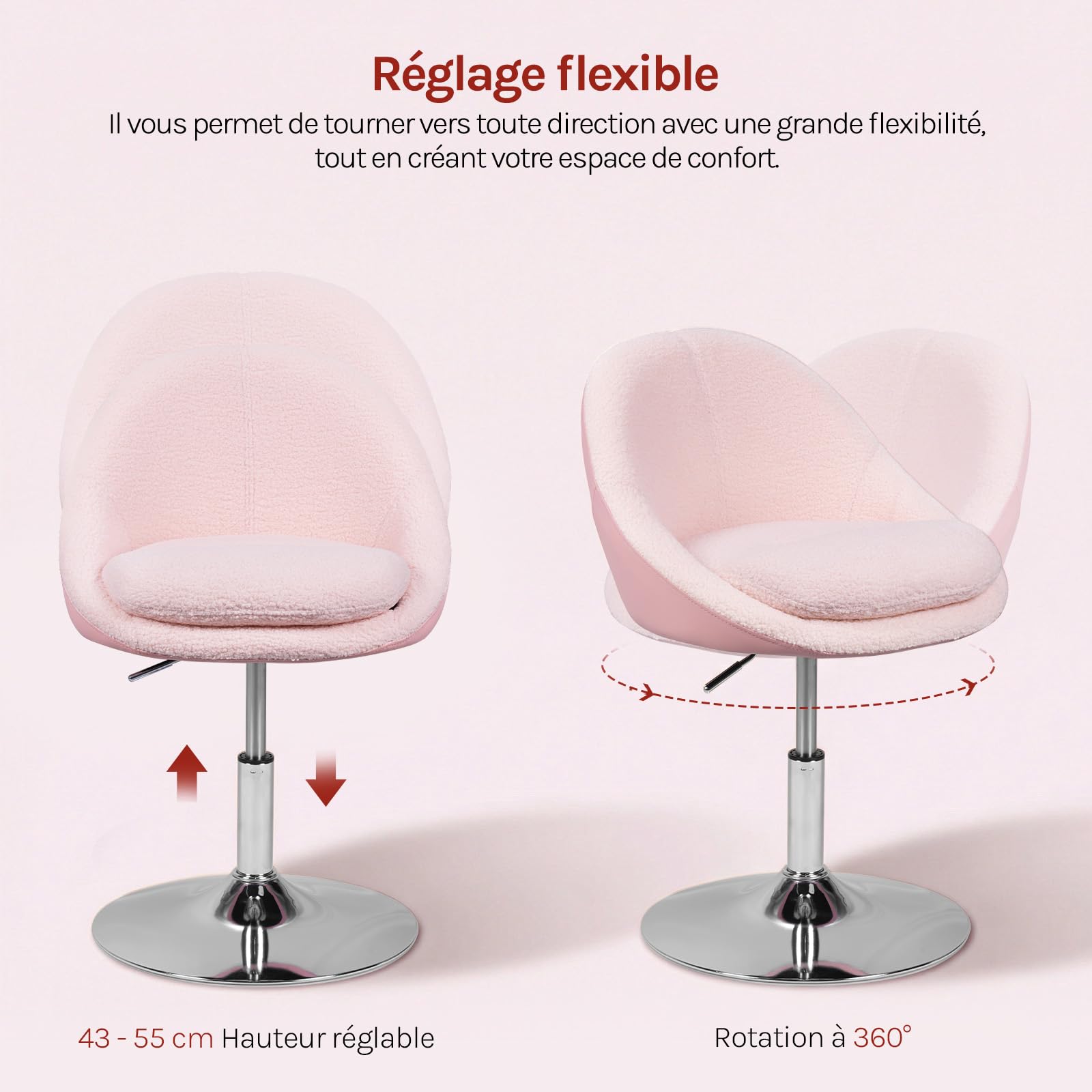 WOLTU Chaise Coiffeuse, Chaise Pivotante avec Dossier, Hauteur Réglable, en Tissu Teddy et PU, pour Chambre à Coucher, Bureau à Domicile, Rose