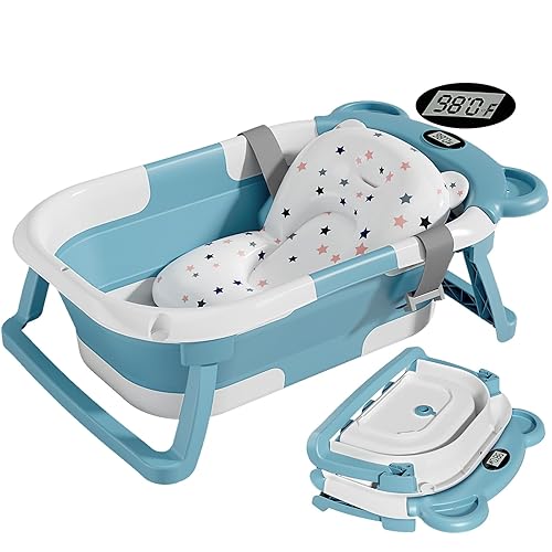 TPN Bañera plegable para bebés y niños pequeños con monitor de temperatura en tiempo real + cojín flotante, juego de bañera plegable para bebé