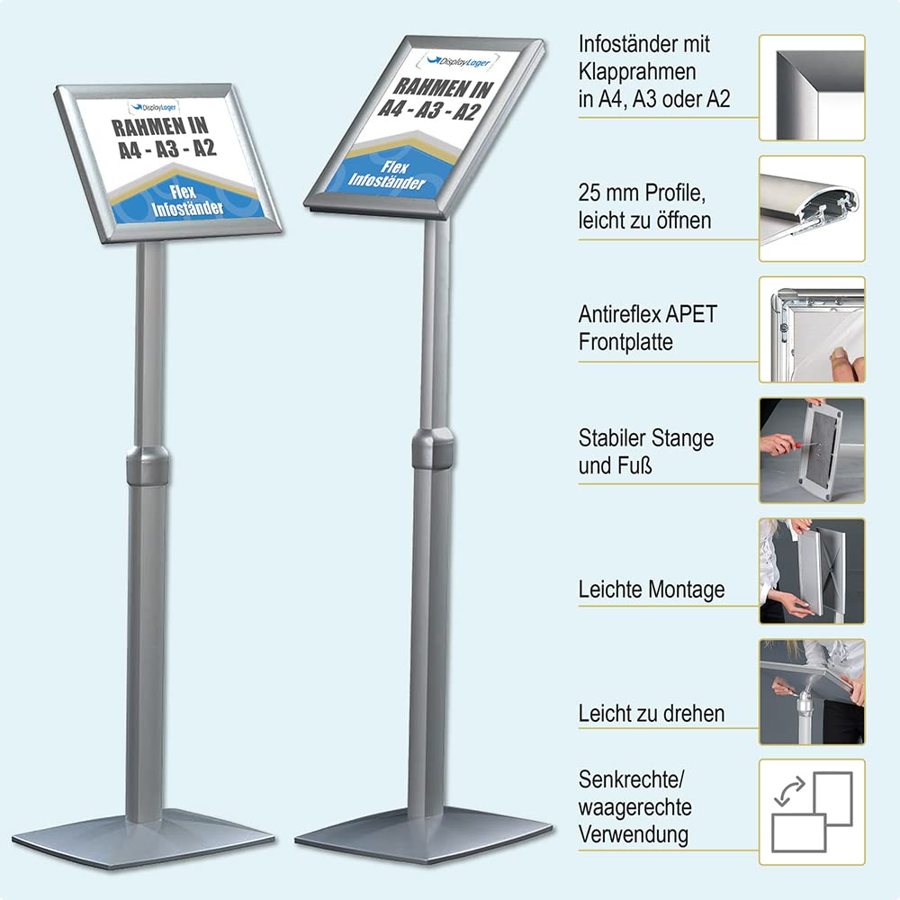 DisplayLager - Infoständer, Höhenverstellbar, Sehr Robustes Design. Für Quer/Hochformat Einsatz (A4)