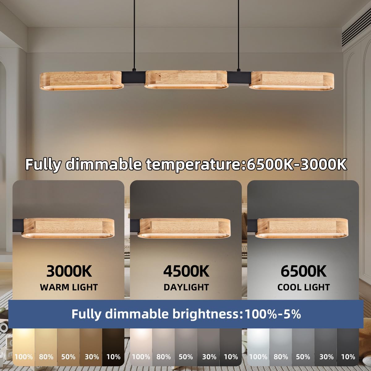 Suspension Luminaire pour Salle à Manger, L90xH100cm, avec Télécommande, 25W 2500lm, Dimmable 3000-6500K, Mode Veilleuse, Mémoire & Minuterie, Lustre LED en Bois pour Salon, Cuisine et Chambre