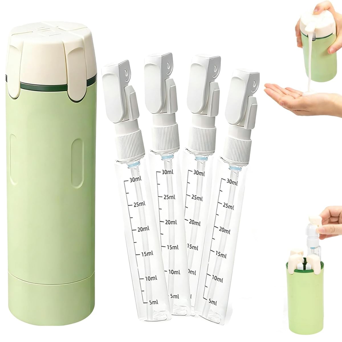 Set di bottiglie da viaggio 4 in 1, contenitori da viaggio ricaricabili per articoli da toeletta, apertura a bottone, a prova di perdite, bottiglie cosmetiche con scala ed etichette per shampoo