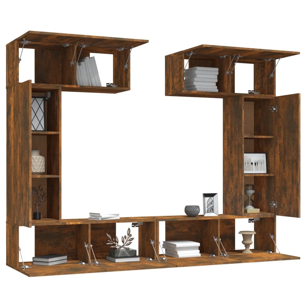 6-TLG. TV-Schrank-Set Räuchereiche Holzwerkstoff, Wandmontage, Modernes Media-Center mit Stauraum, für Wohnzimmer, Schlafzimmer