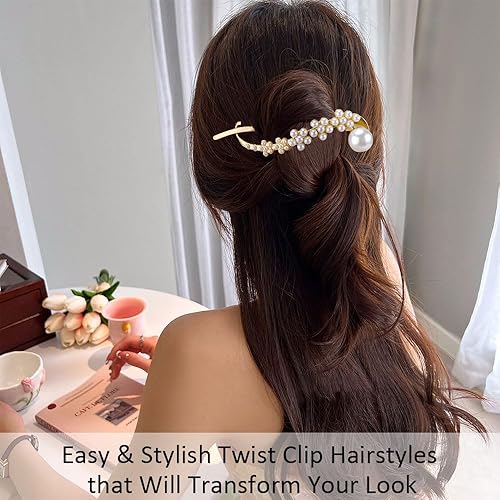 Vista 51 de Ahoney 4 pasadores de perlas para mujer, pinzas francesas 4.2 con perlas elegantes para cabello grueso (plata + dorado)